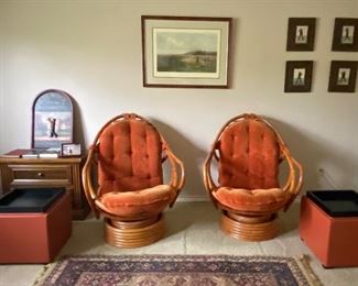Vintage swivel chairs in great condition. New, mod storage cubes with reversible top with tray
Burnt orange baby