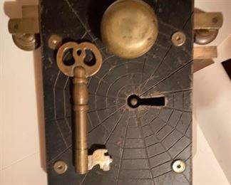 A real mystery lock from the 1800's we have dubbed it the "Spyder Lock". Obtained in New York many years ago and shown in a National Lock Show in Indiana in the early 1990's, The Dixons were offered $6,800 for it but said it was not for sale they just wanted to see if anyone knew more about it. The mechanism works beautifully and it comes with the original key.  A one of a kind for any collector of Locks or the unusual. As a point of interest the Spyder Lock was rented by a Movie Production Company for the 1990’s movie “Stoker” staring Nicole Kidman
$4,400 or best offer.  Call 615-364-3726 to purchase or make offers and more information.  