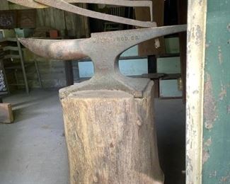 Antique Anvil with original scissors, mounted on original 25" tall tree stump. Used in blacksmith shop. The combination is Very Rare Indeed!  The anvil has "Multi-Prod Co." displayed on the side.             $2,500.00 or best offer.  Call 615-364-3726 to purchase or make offers and more information.  