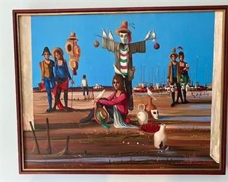 Purchased in Paris in 1982,  this Jean Pierre Serrier (French, 1934-1989).  is an Original Surrealist oil painting on canvas. a study witha seated girl in the foreground with scarecrow like figure immediately behind her in mask, 2 couples also occupy the scene near harbor on beach. Beautiful Original Serrier  $2,500 or best offer.
