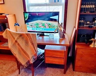Large Screen TV, modern desk and chair, bookshelves