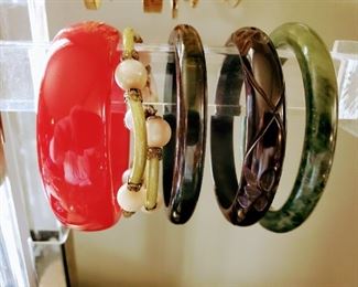 Beautiful Bakelite Collection of Vintage Jewelry, Jade Bangles as well. 