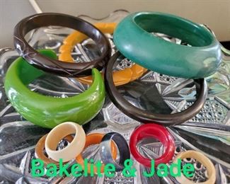 Beautiful Bakelite Collection of Vintage Jewelry, Jade Bangles and Rings too. 