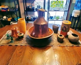 Antique Copper Pieces, Pottery, Tins 