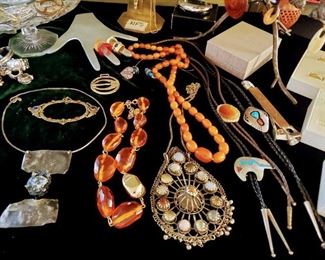 Amber Beaded Necklace,  Brutalist Jewelry, Turquoise, Jade, Bone, Many Natural Elements. 