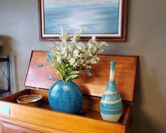 Lovely vignette of art pottery and glass, and beautiful artwork and Dry Sink.  