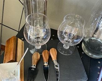 Beautiful Wood Cheese Knifes and Wine glasses