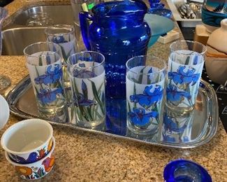 Iris Glasses, Tray and Cobalt Blue Pitcher 