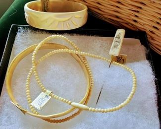Scrimshaw Pin, Carved Bangle, Ivory Necklace and Bracelet