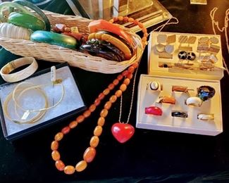 Baltic Amber Beaded Necklace,  Bakelite, Ivory, Bone, Jade, Glass, Vintage Cufflinks, Rings 