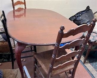Dining table with 3 matching chairs (ladderback with woven seats)
