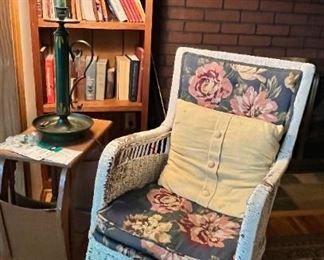 wicker chair and toile lamp