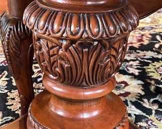 Statement Dining Room Table & Eight Chairs. This table is crafted in a beautiful timeless, classic design. It truly has a gorgeous appearance. 

The set includes eight chairs, two of which are host chairs. 

The table as shown has two leaves inserted and measures 106" x 44" x 30" (the two inserted leaves each measure 18"). With no leaves inserted, the table would measure at 70" x 44".  The table is in overall good condition with some light wear.