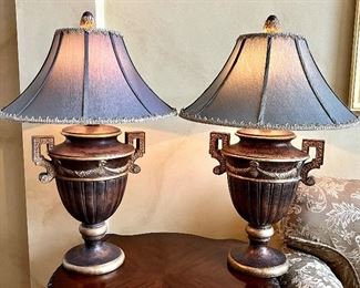 Pair of Elegant Table Lamps with a beautiful textured finish. Add some style and elegance to any room in your home while providing wonderful lighting with this pair of lamps.

Each measures about 38" to the top of the finial. 