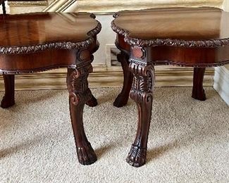 Pair of Accent Tables with lovely details, a gorgeous finished top and accented with claw feet. Each table measures 30" x 30" x 27". Both tables are in good/used condition with some wear. 