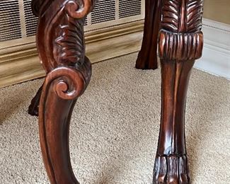 Pair of Accent Tables with lovely details, a gorgeous finished top and accented with claw feet. Each table measures 30" x 30" x 27". Both tables are in good/used condition with some wear. 