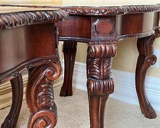 Pair of Accent Tables with lovely details, a gorgeous finished top and accented with claw feet. Each table measures 30" x 30" x 27". Both tables are in good/used condition with some wear. 