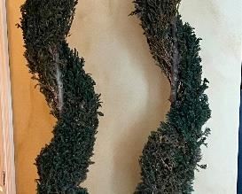 Pair of Decorative Potted Spiral Topiaries. Wonderful decorative topiaries; perfect to grace a doorway! The planters have some chips. These topiaries are crafted from real/dried greenery. Each measures six feet tall. 