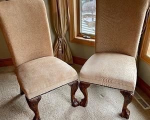 Pair of Classy Chairs with Wooden Claw Feet  and nail head trim. Each chair measures 42x21x21 inches