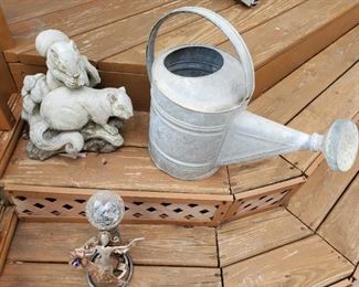 Cement Squirrel, Galvanized Can and Garden Angel 