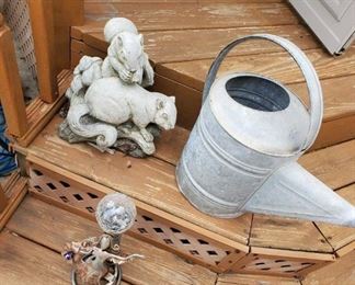 Cement Squirrel, Galvanized Can and Garden Angel 