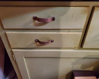 Bottom vintage green bakers cabinet, enamel top. 