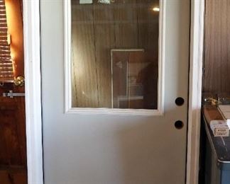 Therma Tru Door, 36" Half Light Door With Frame, Full Light Slab Door 32", Defiant Brass Tone Exterior Door Knob With Keys, Anderson Storm And Screen