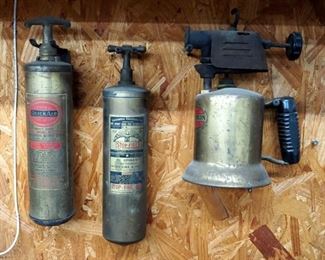 Antique Brass Blow Torch And Antique Brass Fire Extinguishers, Qty 2