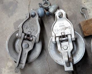 Sherman And Reilly Metal Pulleys, Model XS-100-A Qty 2, XS-100-B Qty 1, With Wood Hanger