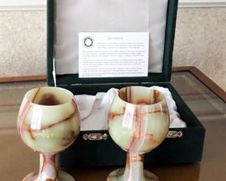 Smithsonian Institute Travertine Goblets In Felt Covered Storage Box, 5" Tall