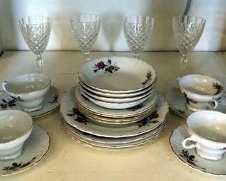 Rosebud Four Place China Dessert Setting Including Cups, Saucers, Plates And Bowls, Total Qty 20 Pieces And Crystal Stemware Qty 4