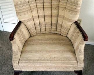 Antique Upholstered Armchair With Brass Nailhead Accents, 35" x 27" x 32"