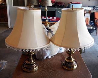 Brass Tone And Hunter Green 29" Candlestick Table Lamps With Shades, Qty 2, And 17" Desk Lamp