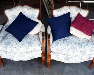 French Style Carved Bergeres Arm Chairs With Floral Print, 32" x 29" x 29.5" Qty 2