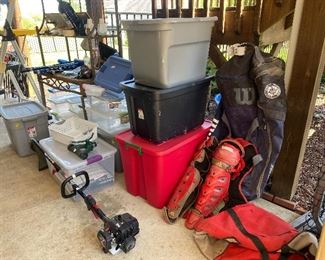 Weed eater, baseball equipment, storage totes 