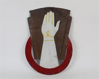 Lot 1: Antique metal folk art fraternal hand sign. This fraternal hand is an emblem of the Elk Fraternal Organization.

The dimensions are 24 in h x 17 in w x 1 in d. It is in fair condition with paint loss and wear. Please call or email for a detailed condition report.