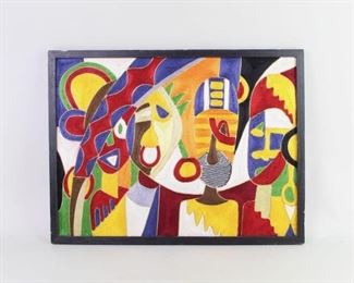 Lot 2: Framed Modern Vibrant Abstract Embroidery Art. Eye-catching bright artwork appears abstract at first glance; 4 abstracted masks/faces emerge with a second look. Picture is made with different colors of fibrous cord/string laid down on the surface and is frame in black painted wood. Wired & ready to hang.
Dimensions are 19 in h x 25 in w x .75 in d. Condition is good with surface wear, some minor stains and wear to the frame, and damage to the back of the frame.  Please call or email for a detailed condition report.

