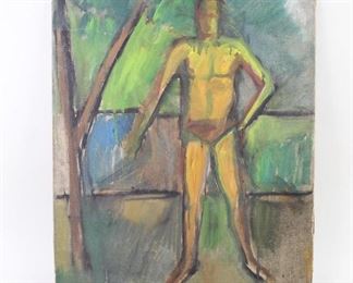 Lot 3: Abstract Brown Green Figure Painting of Man and Tree. Painting on canvas over particle board is unsigned and unframed. A man standing beside what looks like a tree is rendered in a mix of browns, greens, blues, and black. Abstract style has an almost unfinished quality, showing something archetypal in the human form.

Dimensions are 20 in h x 16 in w x .25 in d. Condition is good, with wear to edges and corners, canvas detaching in some places, and surface wear throughout.  Please call or email for a detailed condition report.