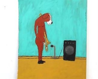 Lot 7: 2 Sided Outsider Painting on Plywood of a Dog w/Trombone, and on the flip side, a pink flamingo created by Earl Swanigan (1964-2019), Hudson NY's best known outsider artist. Painting depicts a thoughtful brown dog holding a trombone, in front of a speaker, dated 7/29/11. On the flip side is a pink flamingo, and Earl's signature, dated 3/20/11. Charming painting to add to your outsider art or Earl Swanigan collection.

Dimensions are 33.25 in h x 24.5 in w. Condition is good. Please call or email for a detailed condition report.