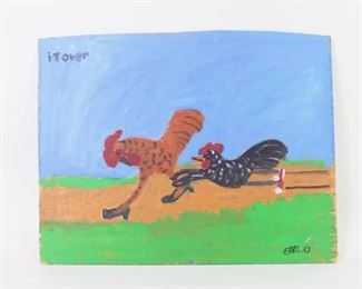 Lot 14: Signed Earl Swanigan Hudson Outsider Chickens Painting.  A painting depicting a hen wearing shoes chasing after rooster in heels by famous Hudson outsider artist Earl Swanigan (American, 1964-2019). Stating "It Over" in the top left corner and signed in bottom right corner. Painted on board.

Dimensions are 16 in h x 20.5 in w x 0.25 in d. Condition is very good. Minor wear and splinters around edges. Please call or email for a detailed condition report.