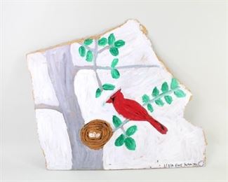 Lot 15: Earl Swanigan Outsider Art Bird Painting,Cardinal w/Nest, created by Earl Swanigan (1964-2019), Hudson NY's famous outsider artist. Painting depicts a bright red male cardinal perched on a branch, looking over his nest with 3 tiny eggs, and is painted on a raw edge board. Signed on lower right Earl Swanigan and dated 1/7/10.  Wonderful painting to add to your outsider art or Earl Swanigan collection.
Dimensions are 20 in h x 23.25 in w x .25 in d. Condition is good to very good with minor surface wear, scuffs and a couple of punctures. Please call or email for a detailed condition report.