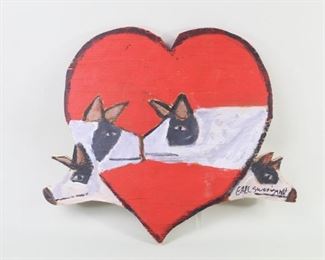 Lot 16: Earl Swanigan Outsider Art Painting Pigs in Love, created by Earl Swanigan (1964-2019), Hudson NY's famous outsider artist. Painting is in the shape of a bright red heart,cut from a board. Within the heart, 2 black and white pigs (or are they dogs?) kiss with their snouts, with a black and white pig head facing out on each side. Signed on lower right Earl Swanigan.  

Dimensions are 14.75 in h x 17.5 in w x .75 in d. Condition is very good with minor surface wear, scuffs and some chips throughout. Please call or email for a detailed condition report.