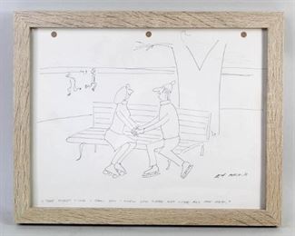 Lot 17: Original Ed Arno New Yorker Illustration,Signed (1/4). An illustration by legendary New Yorker cartoonist Ed Arno. Depicts a couple sitting on a bench in winter, wearing roller blades and skates, with a text on the bottom reading "The first time I saw you I knew you were not like all the rest." Signed on bottom right corner and marked on the back. Framed in a light colored wood frame. This is the first out of four Ed Arno illustrations in this auction. 

Dimensions are 9.5 in h x 11 in w x 0.75 in d. Condition is very good to excellent. Minor discoloration around edges. Minor crease at the bottom. Please call or email for a detailed condition report.
