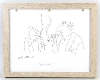 Lot 18: Original Ed Arno New Yorker Illustration,Signed (2/4). An illustration by legendary New Yorker cartoonist Ed Arno. Depicts two gentlemen smoking a cigarette and a cigar with a text on the bottom reading "Wimp!" Signed on bottom left corner and marked on the back. Framed in a light colored wood frame. This is the second out of four Ed Arno illustrations in this auction.

Dimensions are 9.5 in h x 11 in w x 0.75 in d. Condition is very good to excellent. Minor crease on the bottom. Please call or email for a detailed condition report.