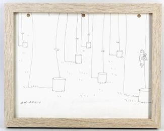Lot 19: Original Ed Arno New Yorker Illustration,Signed (3/4). An illustration by legendary New Yorker cartoonist Ed Arno. Depicts a forest of maples, set up with taps. Signed on bottom left corner and marked on the back. Framed in a light colored wood frame. This is the third out of four Ed Arno illustrations in this auction.

Dimensions are 9.5 in h x 11 in w x 0.75 in d. Condition is very good to excellent. Minor discoloration. Minor crease on the bottom. A tiny tear on right side. Please call or email for a detailed condition report.