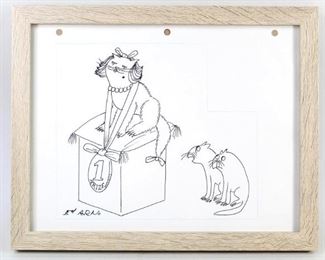Lot 20: Original Ed Arno New Yorker Illustration,Signed (4/4). An illustration by legendary New Yorker cartoonist Ed Arno. Depicts a cat winning first prize and two onlookers. Thin, light blue line border drawn around illustration. Signed on bottom left corner. Framed in a light colored wood frame. This is the last out of four Ed Arno illustrations in this auction.

Dimensions are 9.5 in h x 11 in w x 0.75 in d. Condition is very good to excellent. Please call or email for a detailed condition report.