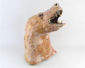 Lot 22: Bear Head & Neck Mannequin Taxidermy Foam Form w/Teeth. A taxidermy form with teeth, nostrils and glass or plastic eyes. The form interior is made of foam. Teeth may be wood or plastic.

Dimensions are 17.5 in h x 10.25 in w x 11.5 in d. Condition is fair/as is. Wear, dents and damage throughout. A few chunks of foam missing in places. Please call or email for a detailed condition report.
