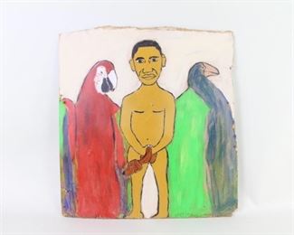 Lot 27: Signed Earl Swanigan Hudson Outsider Art Obama Painting. A painting by famous Hudson outsider artist Earl Swanigan (American, 1964-2019), depicting president Barack Obama flanked by two birds. Painted on masonite and dated and signed in the bottom right corner.

Dimensions are 21 in h x 19.5 in w x 0.25 in d. Condition is good. worn edges, damage to corners, some tears and holes throughout. Raw edges. Please call or email for a detailed condition report.
