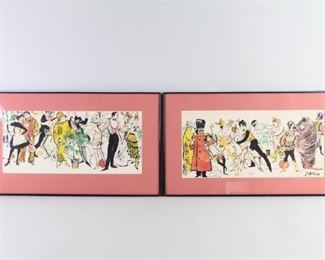 Lot 30: Pair Tom Morrow Watercolor Paintings. Original matching paintings humorously depict a raucous 1920s flapper party. Painted in a style which has a distinctly mid-century modern feel, with black lines and splashes of bright watercolor. One of the paintings is signed lower right by artist Tom Morrow (American 1928-1994) possibly best known for his Broadway poster illustrations. Nicely matted & framed in black.
Dimensions are 14.5 in h x 25 in w x 1 in d. Condition is very good to good with minor surface wear, a water stain under the signature, and minor wear spots on the frame. Please call or email for a detailed condition report.