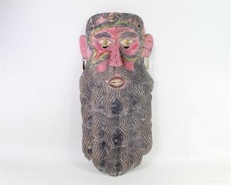 Lot 32: Large Mexican Ceremonial Polychrome Copper Dance Mask. 
An extra large dance masks from, Mexico, depicting a bearded men. Decorated with two snakes on his forehead and circling his eyes. Brightly colored face with earrings and finely decorated long beard. Acquired in the 1980s, Mexico. From the collection of Barbara Porter & Robert Wincuinas.
Dimensions are 31.5 in h x 14.5 in w x 5 in d. Condition is good. Surface wear, some color fading. Some dirt. Please call or email for a detailed condition report